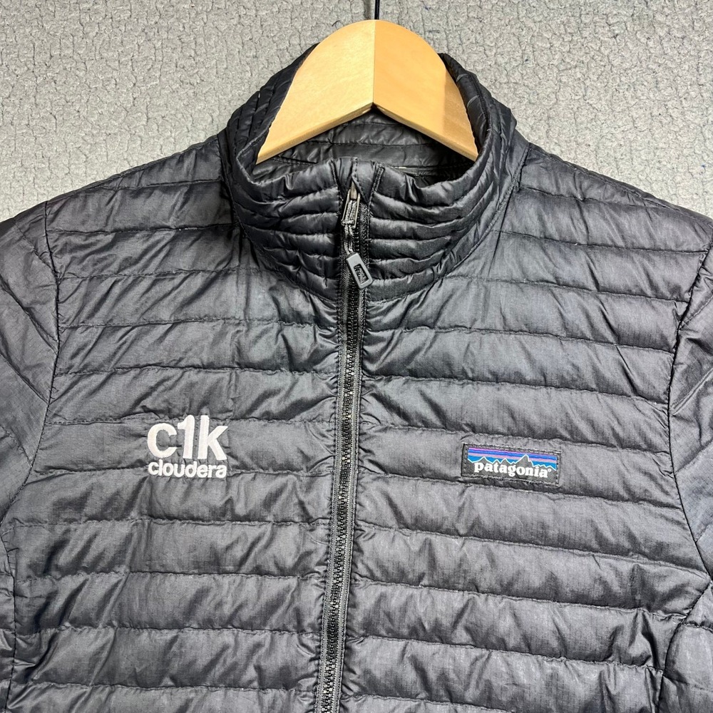 Patagonia Down Sweater Jacket Women's Medium Black Puffer Full Zip Cloudera Logo - Picture 2 of 14